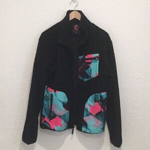 Vintage C Drip Miami brush stroke  Black Neon Sherpa JacketWomen’s Size Large